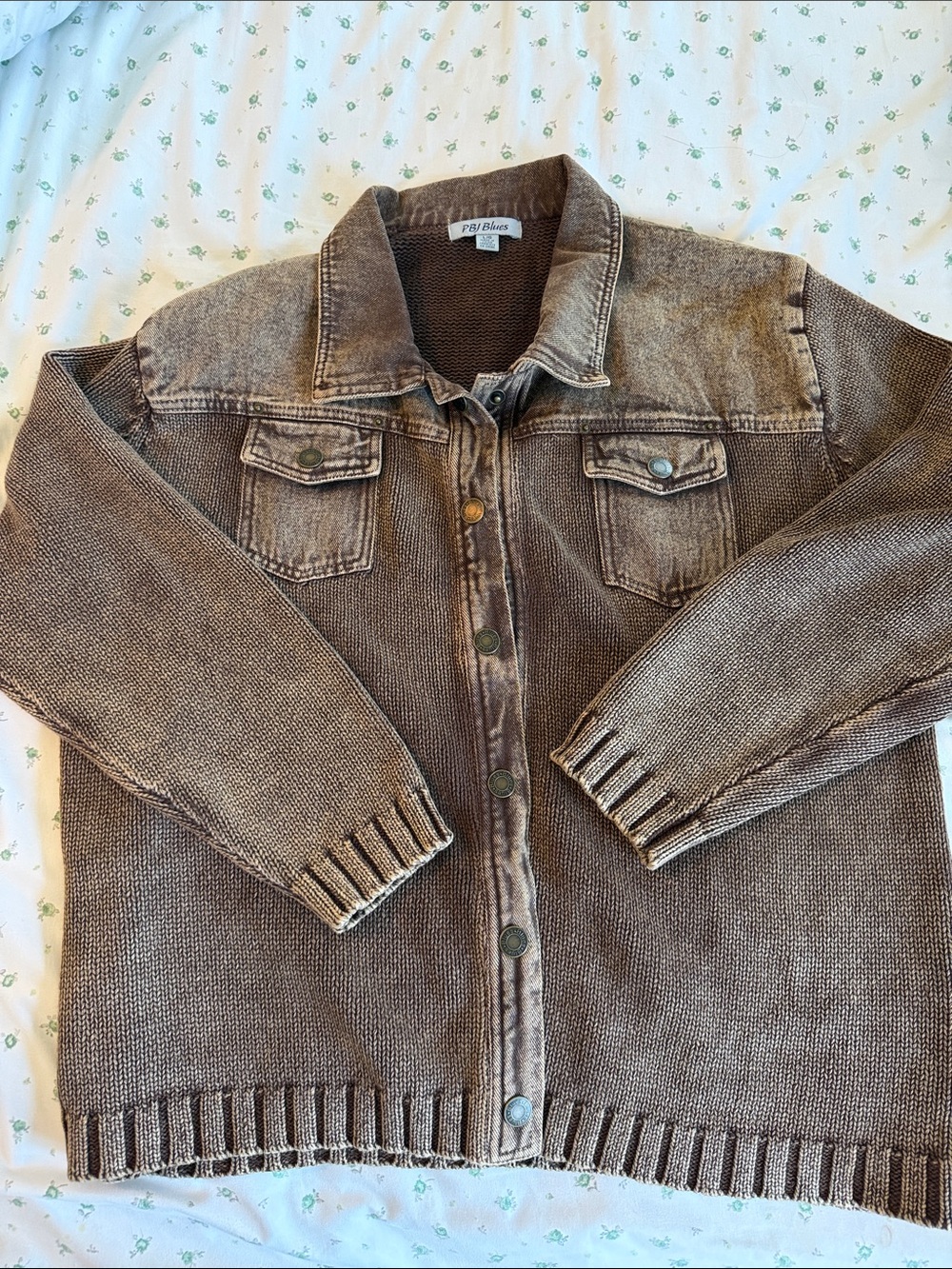 PBJ Blues Women's Brown Lightweight Knit Shirt Jacket with denim trim